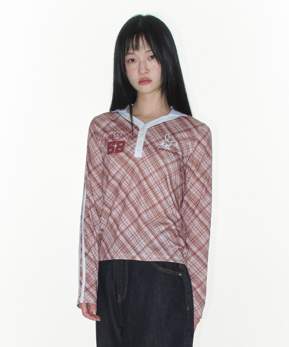 아메스 월드와이드(AMES-WORLDWIDE) CHECK V NECK COLLAR LS TEE PINK