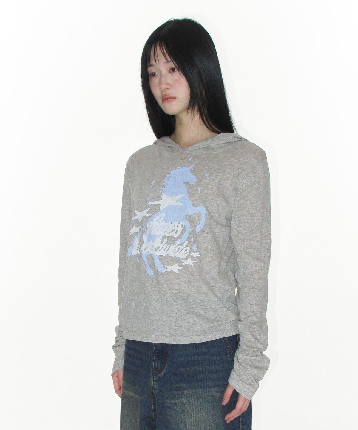 아메스 월드와이드(AMES-WORLDWIDE) UNICORN SHEER HOODIE LS TEE LIGHT GREY