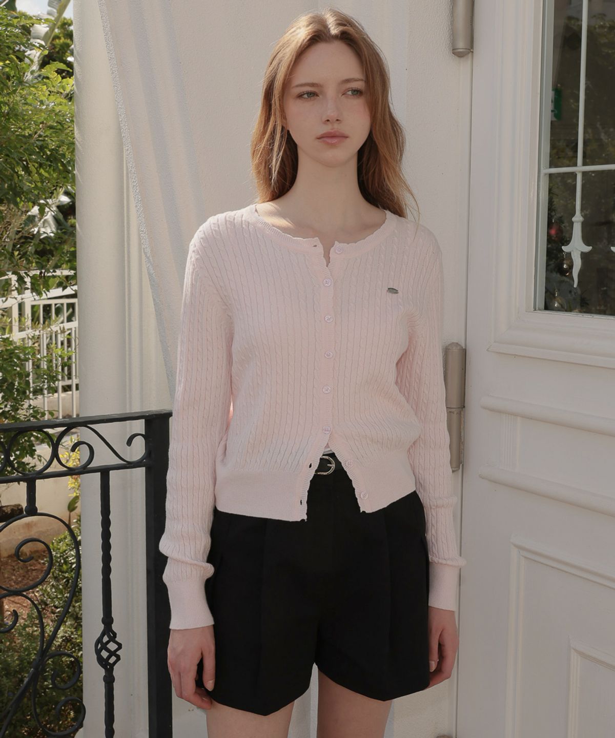 드헤베(DEHEVE) Frill Cable Knit Cardigan [Pink]