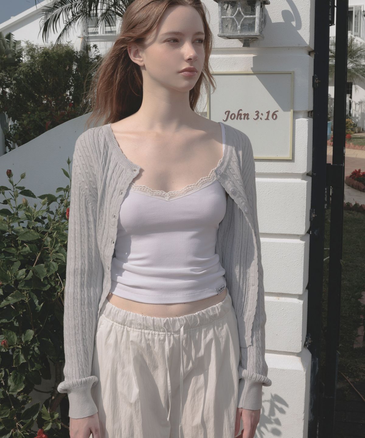 드헤베(DEHEVE) Frill Cable Knit Cardigan [Sky Blue]
