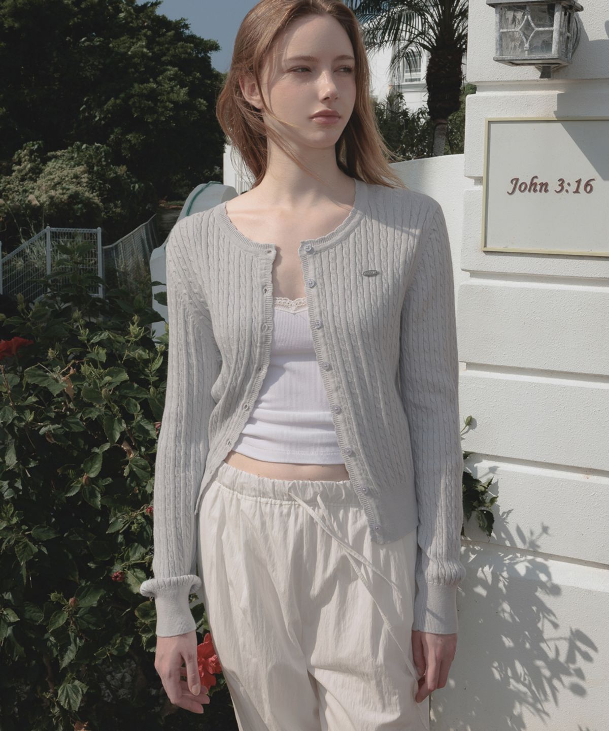 드헤베(DEHEVE) Frill Cable Knit Cardigan [Sky Blue]