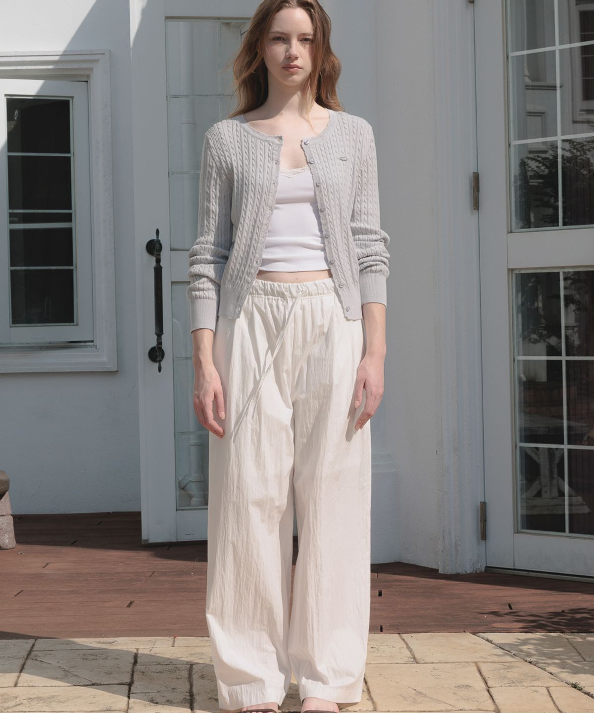 드헤베(DEHEVE) Frill Cable Knit Cardigan [Sky Blue]