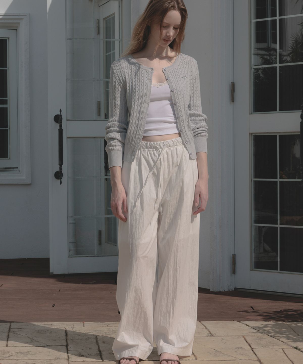 드헤베(DEHEVE) Frill Cable Knit Cardigan [Sky Blue]