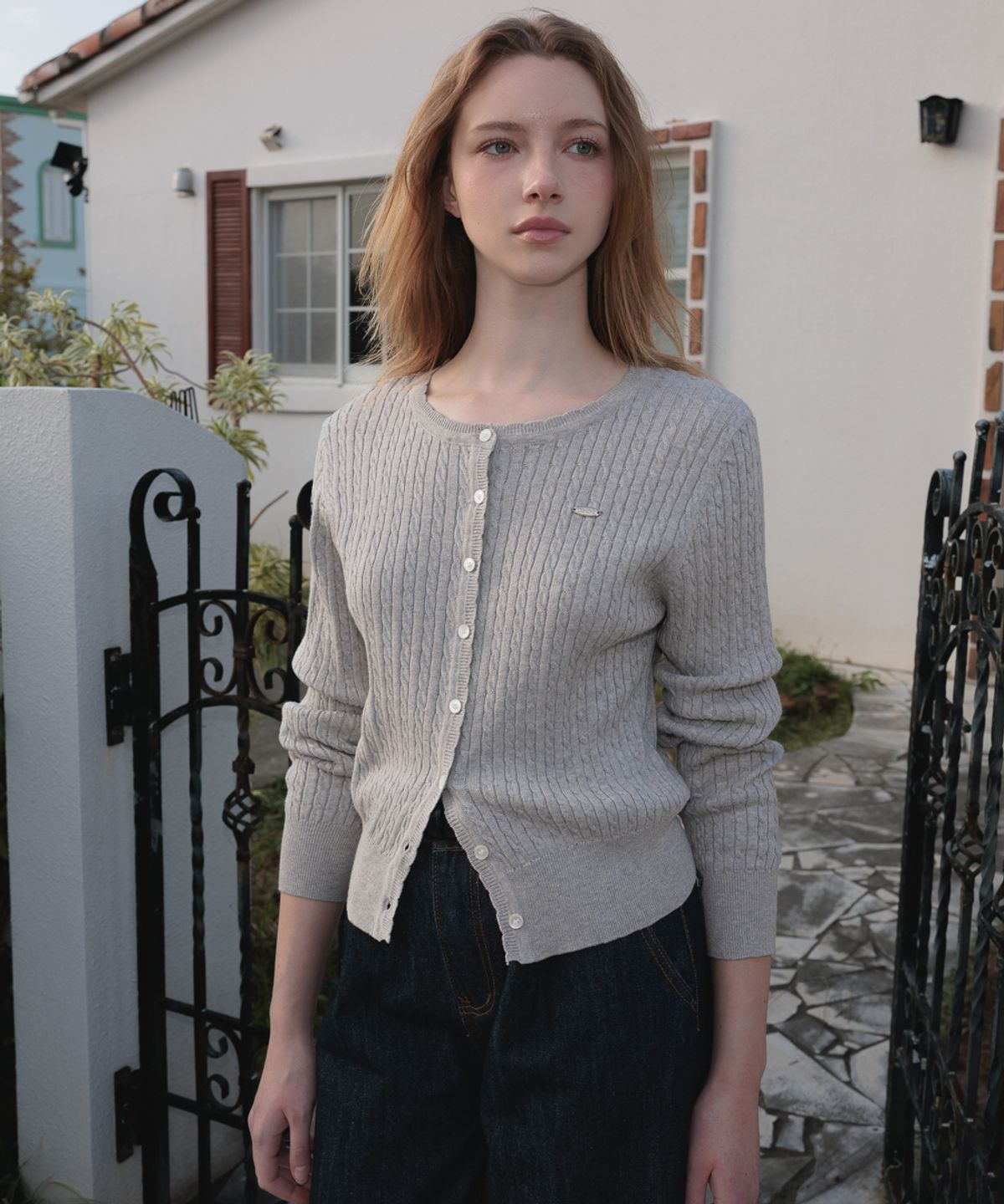 드헤베(DEHEVE) Frill Cable Knit Cardigan [Gray]