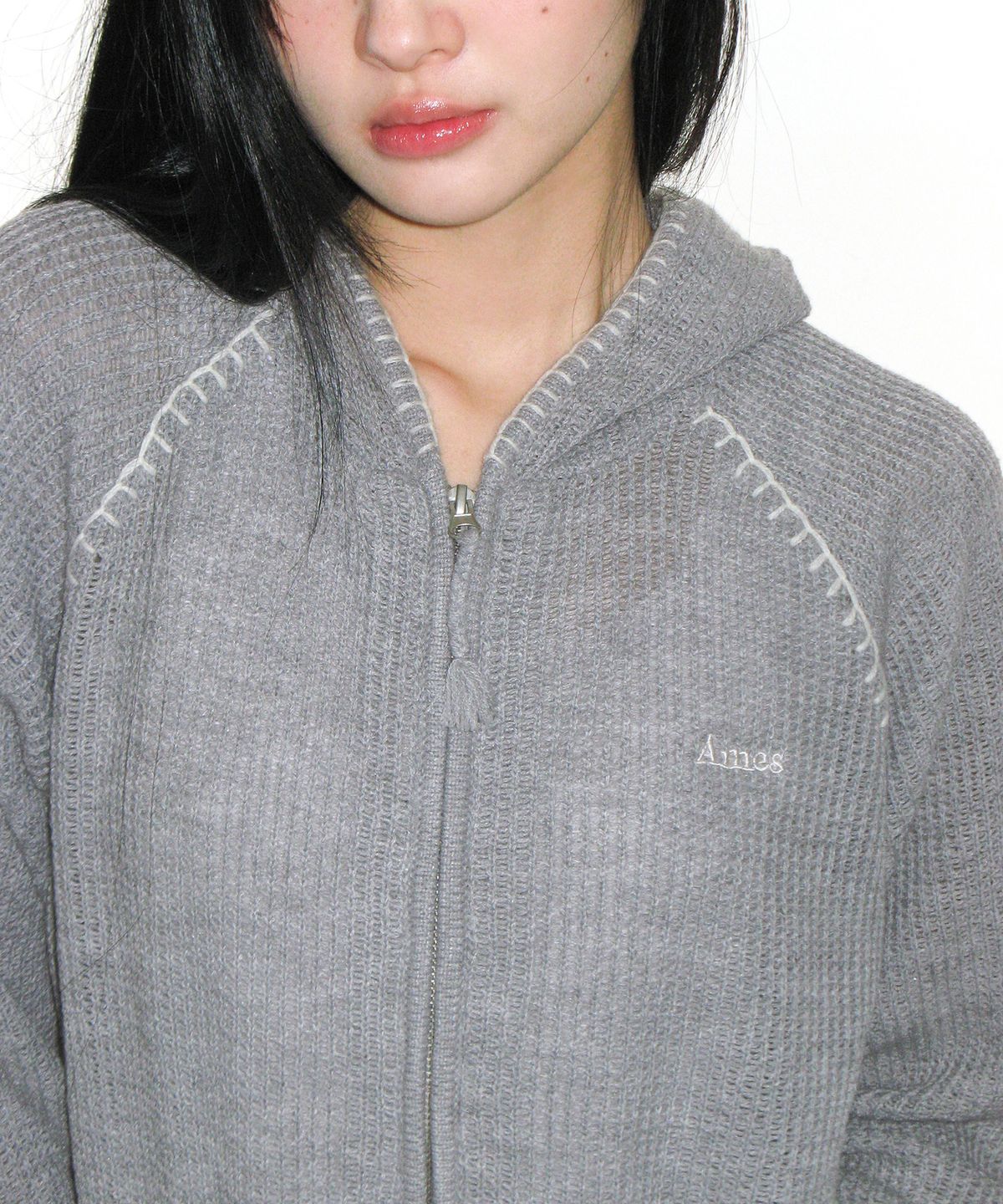 아메스 월드와이드(AMES-WORLDWIDE) STITCH KNIT HOODIE ZIP-UP GREY