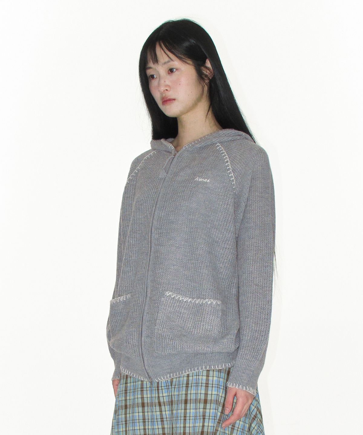 아메스 월드와이드(AMES-WORLDWIDE) STITCH KNIT HOODIE ZIP-UP GREY