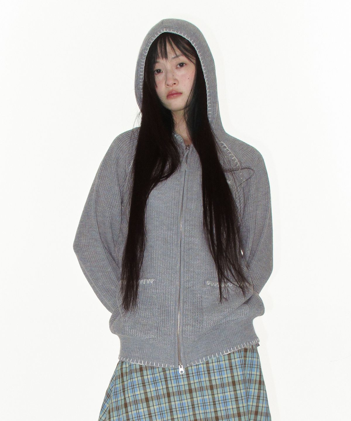 아메스 월드와이드(AMES-WORLDWIDE) STITCH KNIT HOODIE ZIP-UP GREY