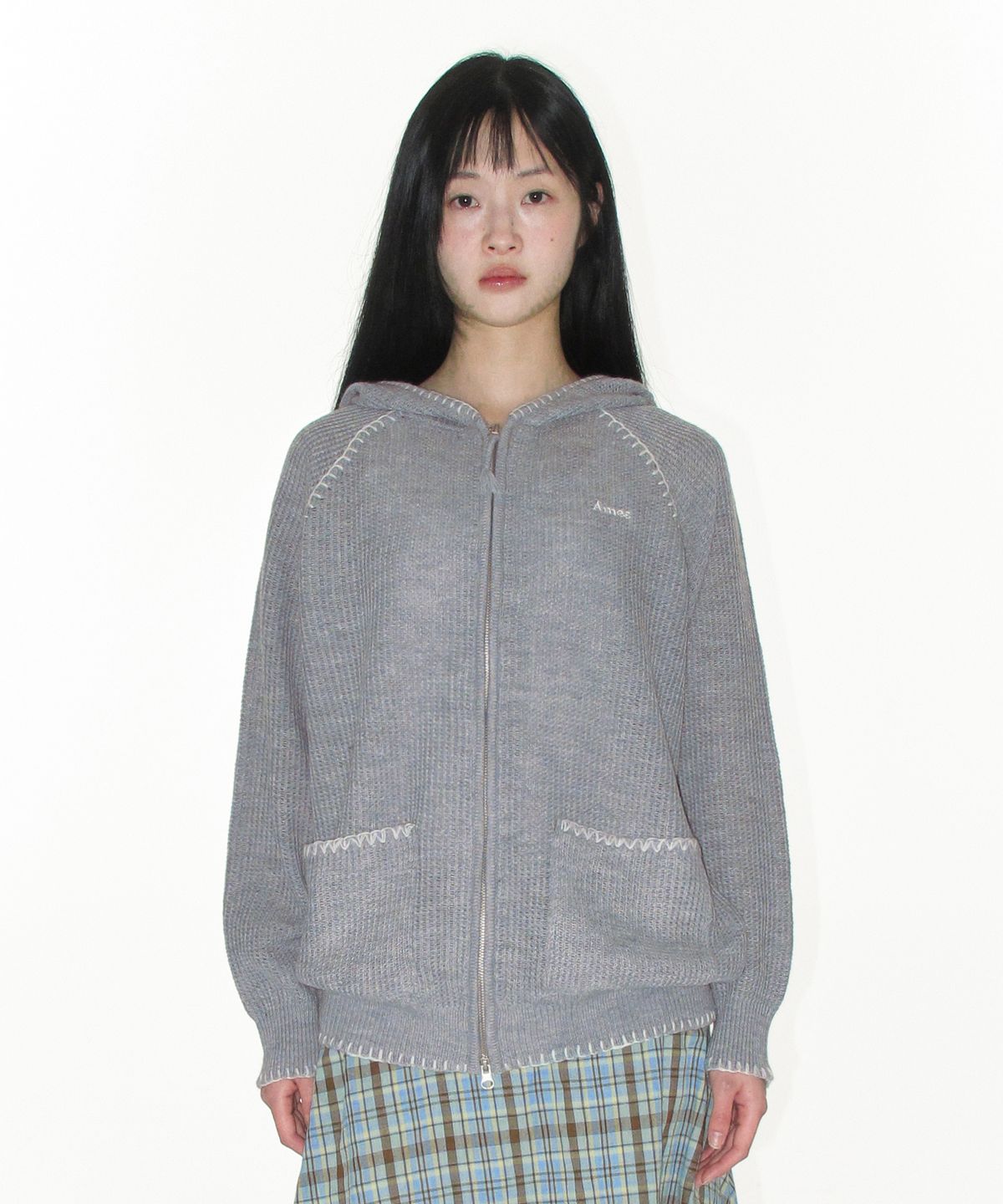 아메스 월드와이드(AMES-WORLDWIDE) STITCH KNIT HOODIE ZIP-UP GREY