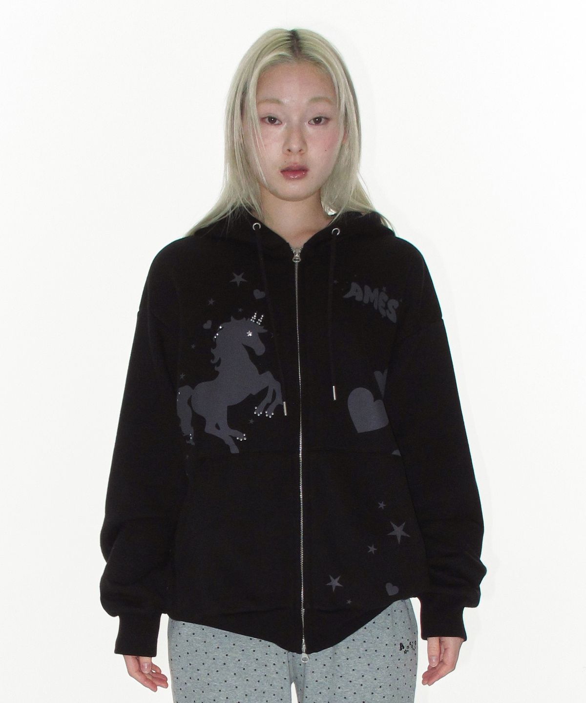 아메스 월드와이드(AMES-WORLDWIDE) UNICORN DRAWING HOODIE ZIP-UP BLACK