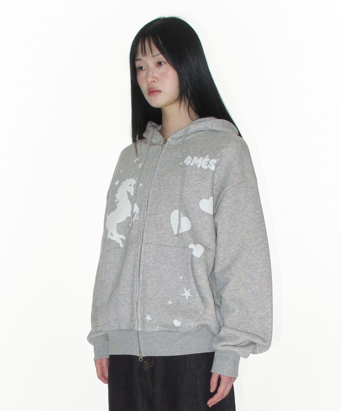 아메스 월드와이드(AMES-WORLDWIDE) UNICORN DRAWING HOODIE ZIP-UP GREY