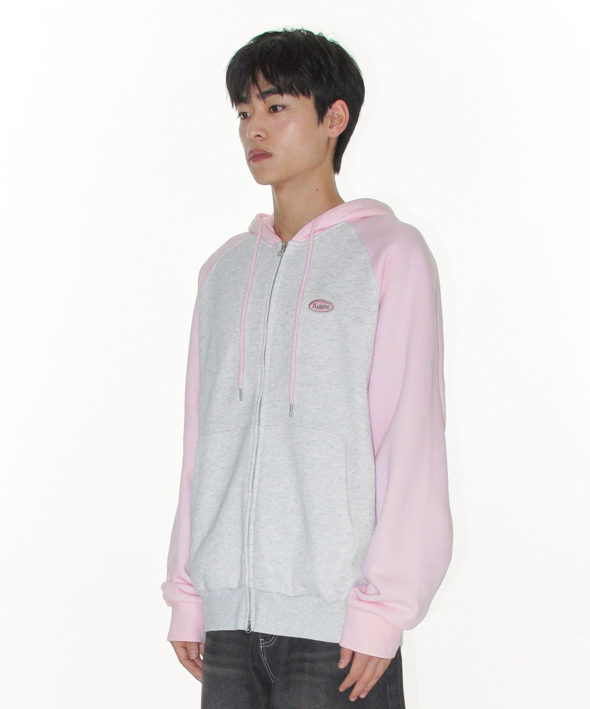 아메스 월드와이드(AMES-WORLDWIDE) CIRCLE LOGO RAGLAN HOODIE ZIP-UP PINK