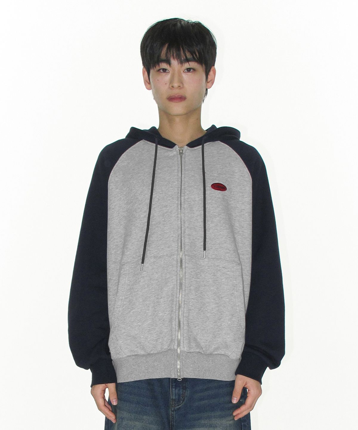 아메스 월드와이드(AMES-WORLDWIDE) CIRCLE LOGO RAGLAN HOODIE ZIP-UP NAVY