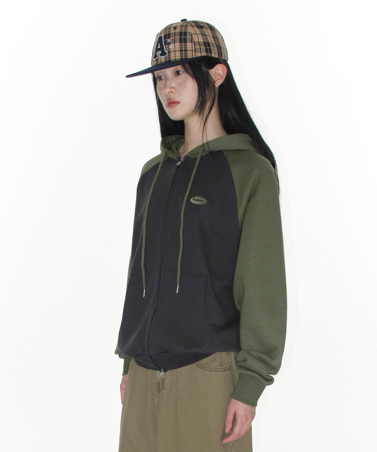 아메스 월드와이드(AMES-WORLDWIDE) CIRCLE LOGO RAGLAN HOODIE ZIP-UP KHAKI