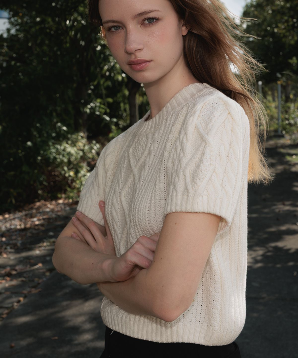 드헤베(DEHEVE) Half Sleeve Cable Knit [Ivory]