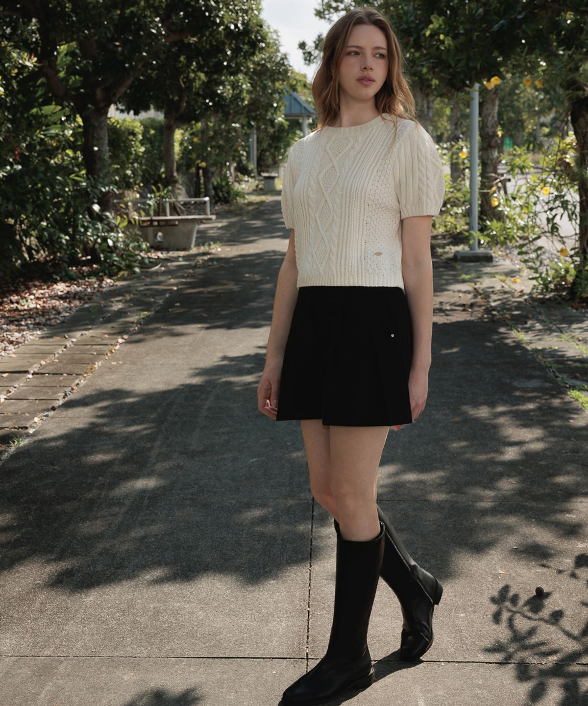 드헤베(DEHEVE) Half Sleeve Cable Knit [Ivory]