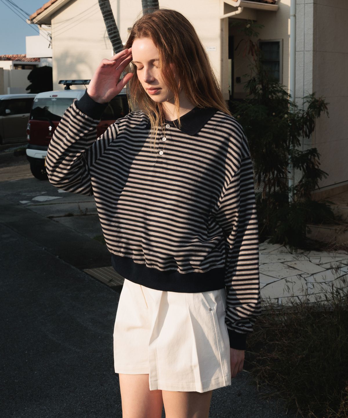 드헤베(DEHEVE) Collar Stripe Sweatshirt [Navy]