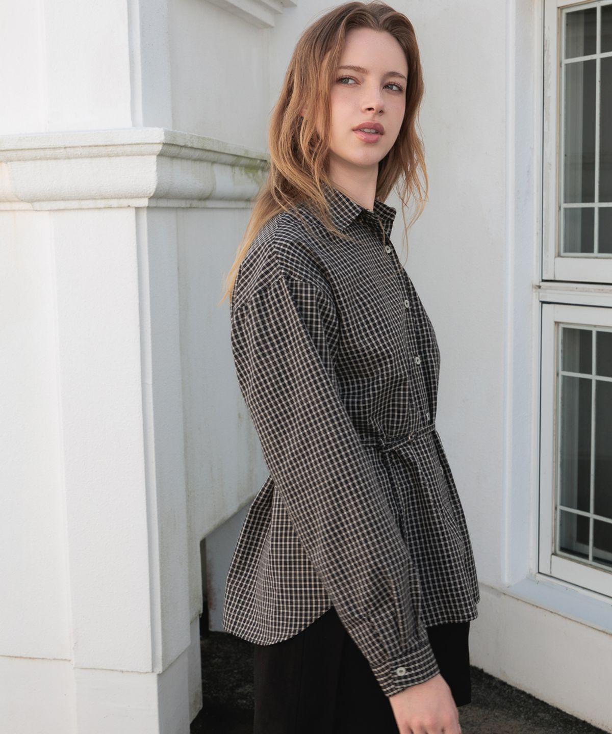드헤베(DEHEVE) Strap Point Check Shirt [Black]