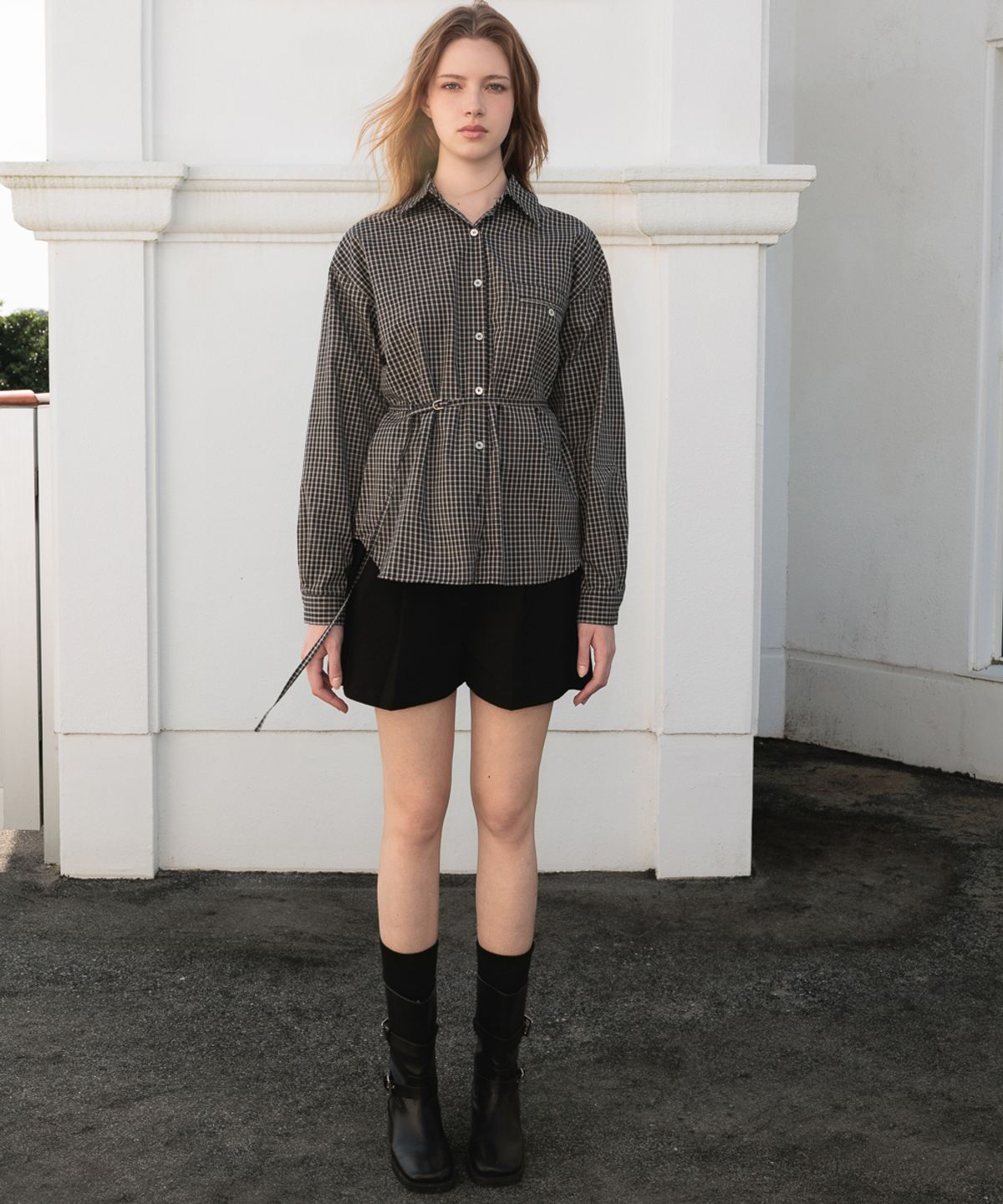 드헤베(DEHEVE) Strap Point Check Shirt [Black]