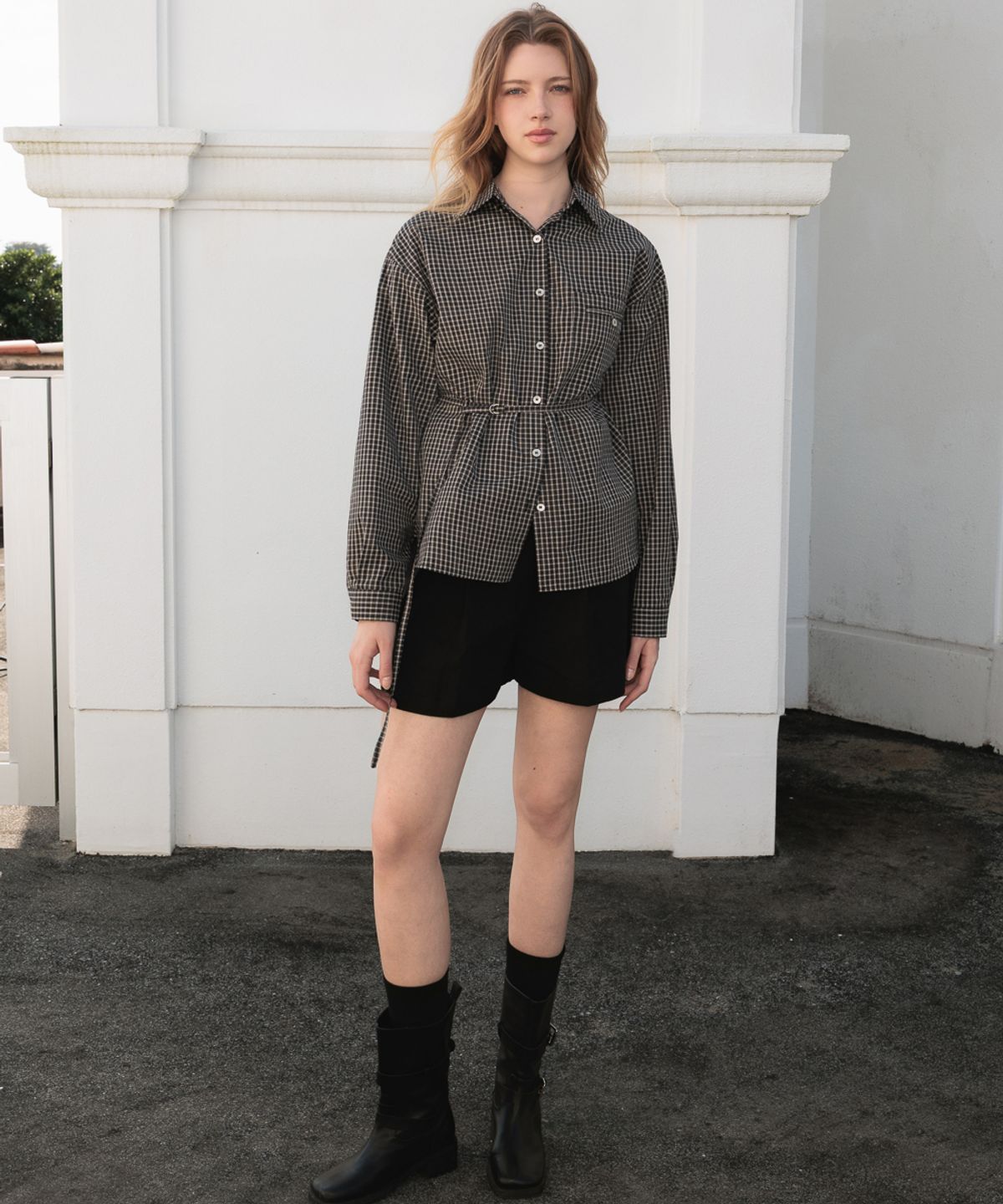 드헤베(DEHEVE) Strap Point Check Shirt [Black]