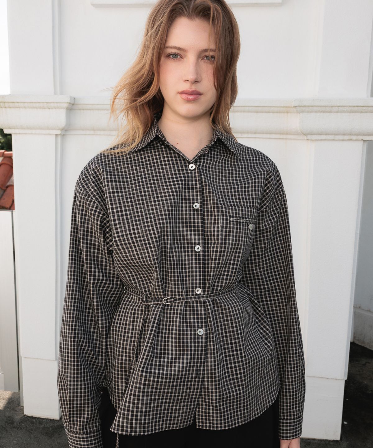 드헤베(DEHEVE) Strap Point Check Shirt [Black]