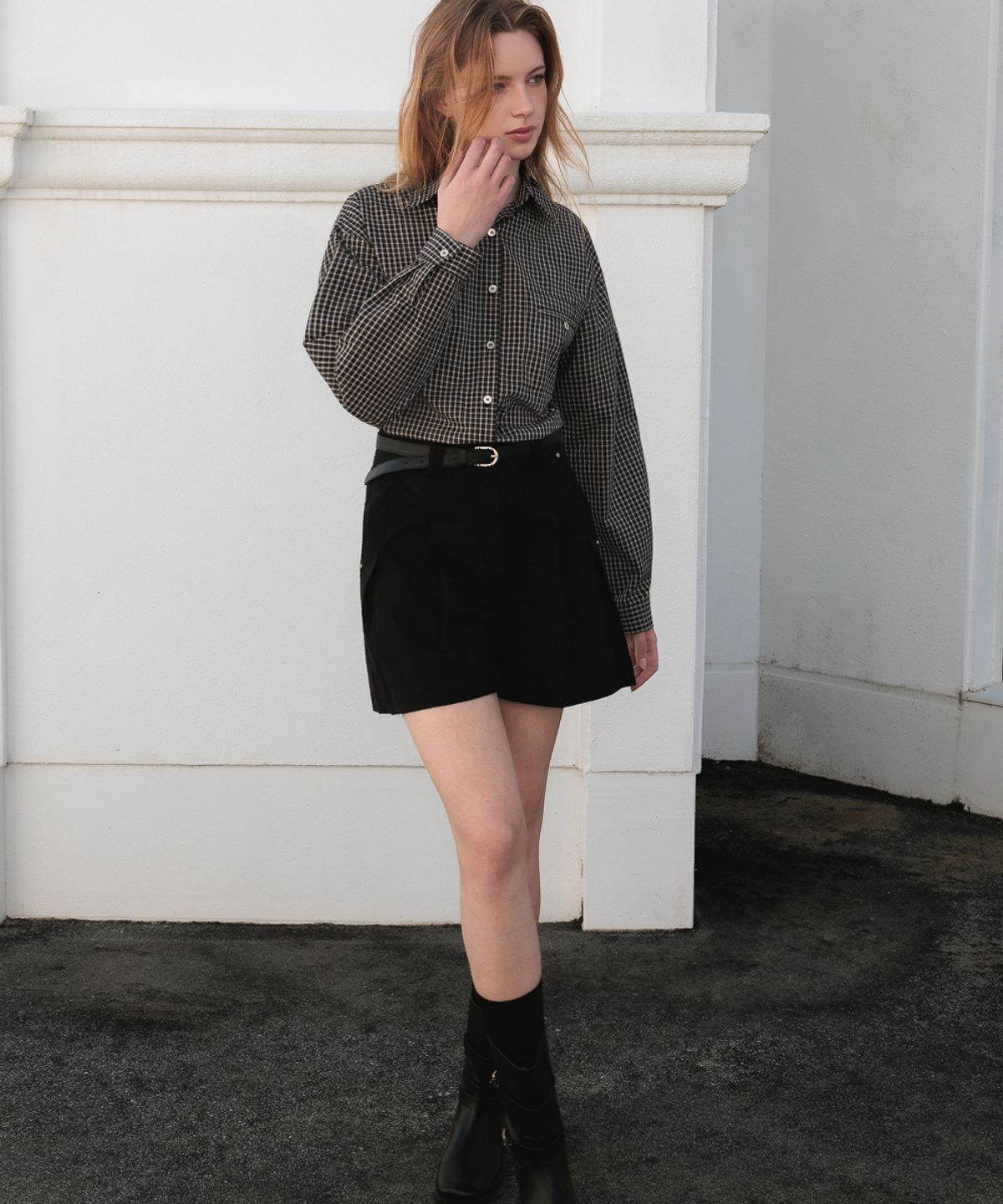 드헤베(DEHEVE) Strap Point Check Shirt [Black]