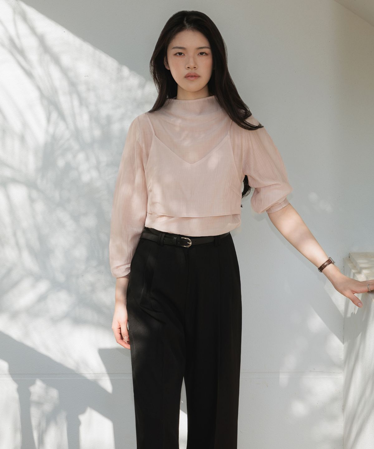 드헤베(DEHEVE) High-Neck Bustier Blouse [Pink]