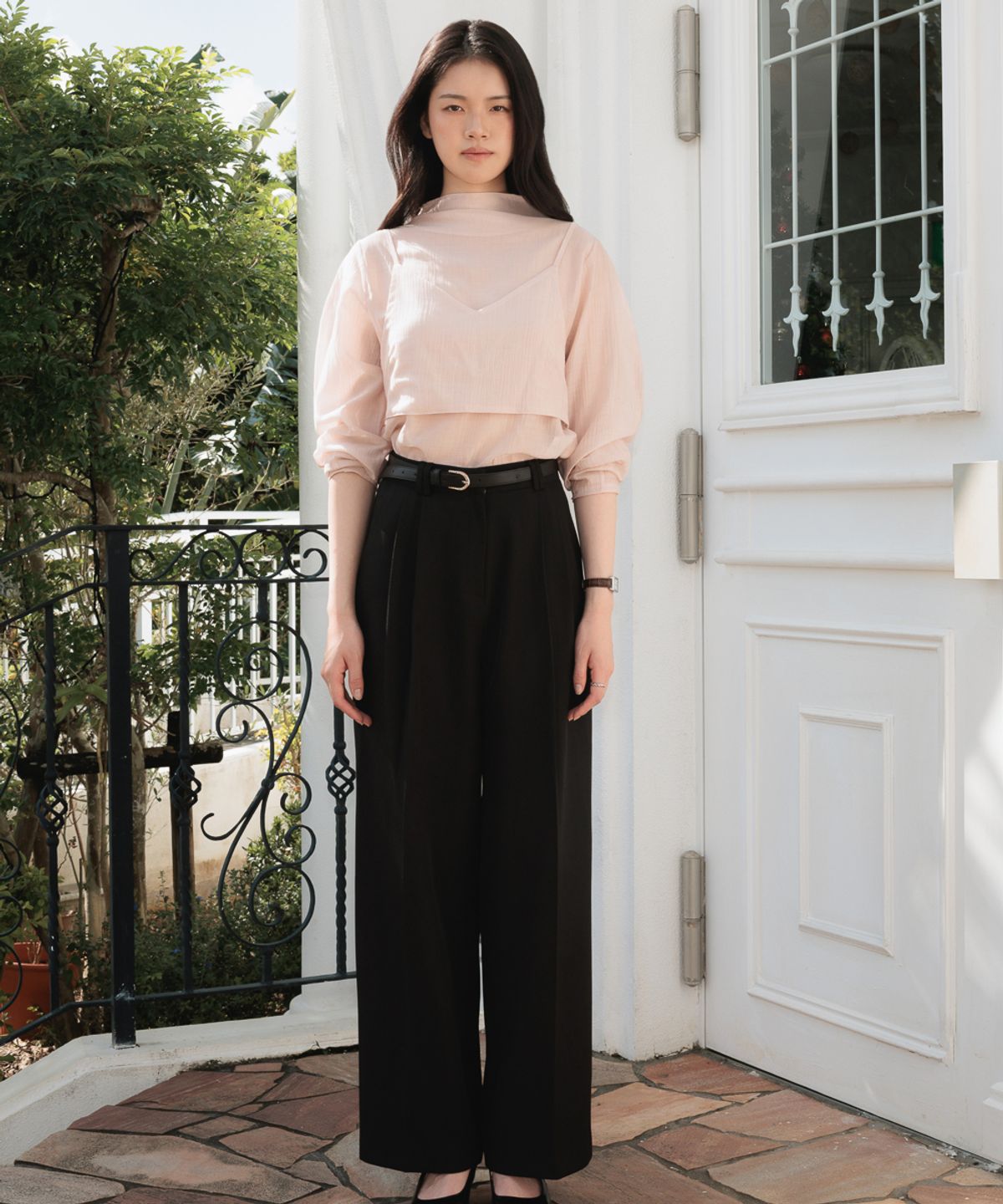 드헤베(DEHEVE) High-Neck Bustier Blouse [Pink]