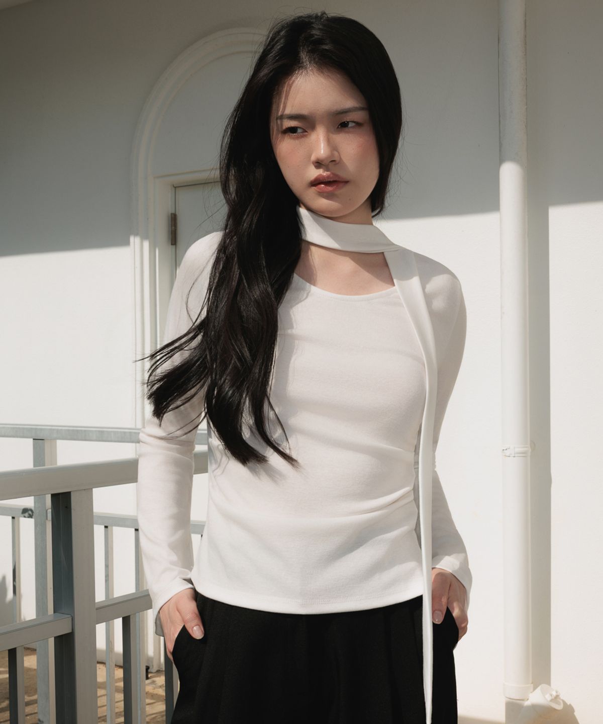 드헤베(DEHEVE) Tie Flare Long Sleeve [Ivory]