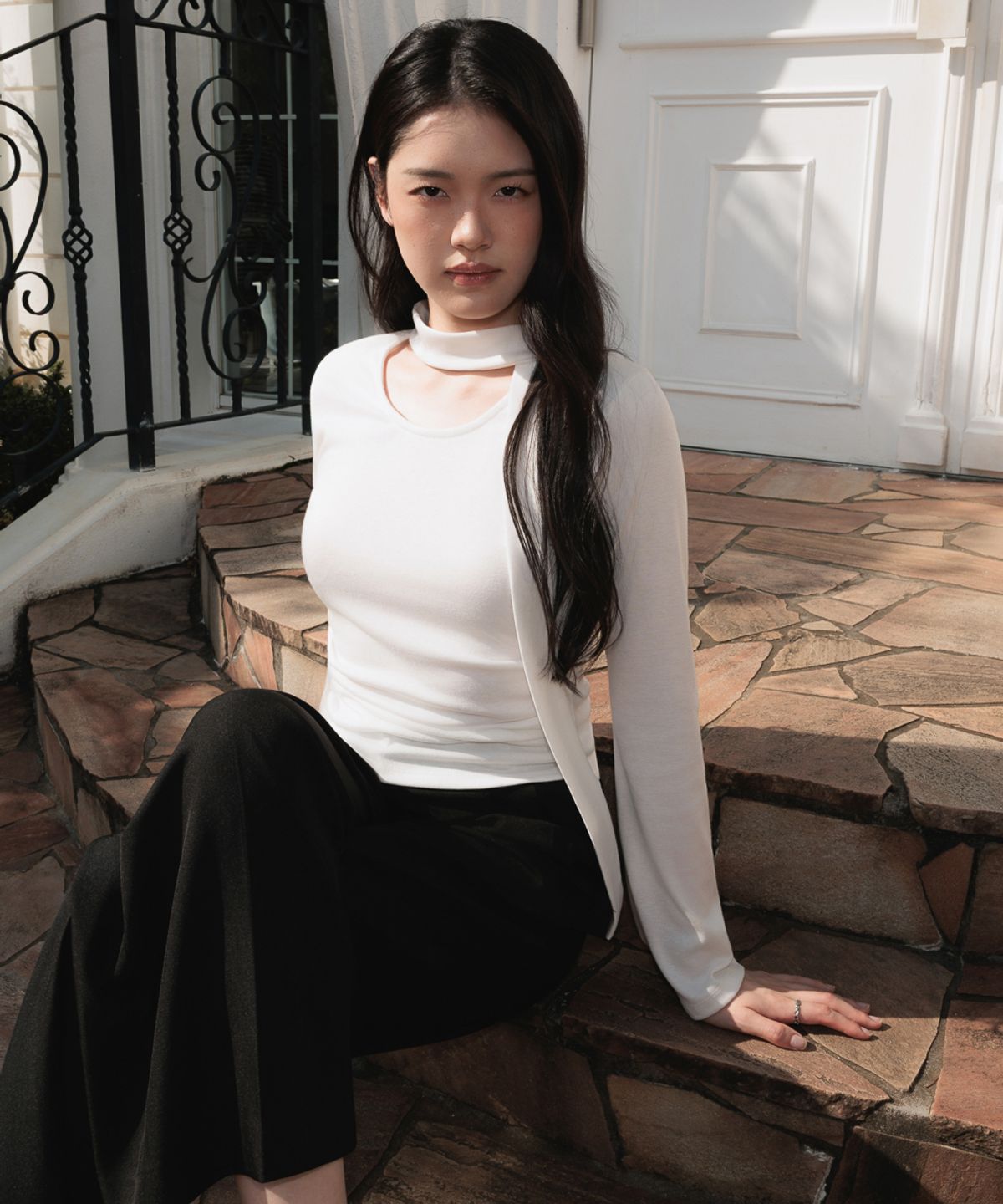드헤베(DEHEVE) Tie Flare Long Sleeve [Ivory]