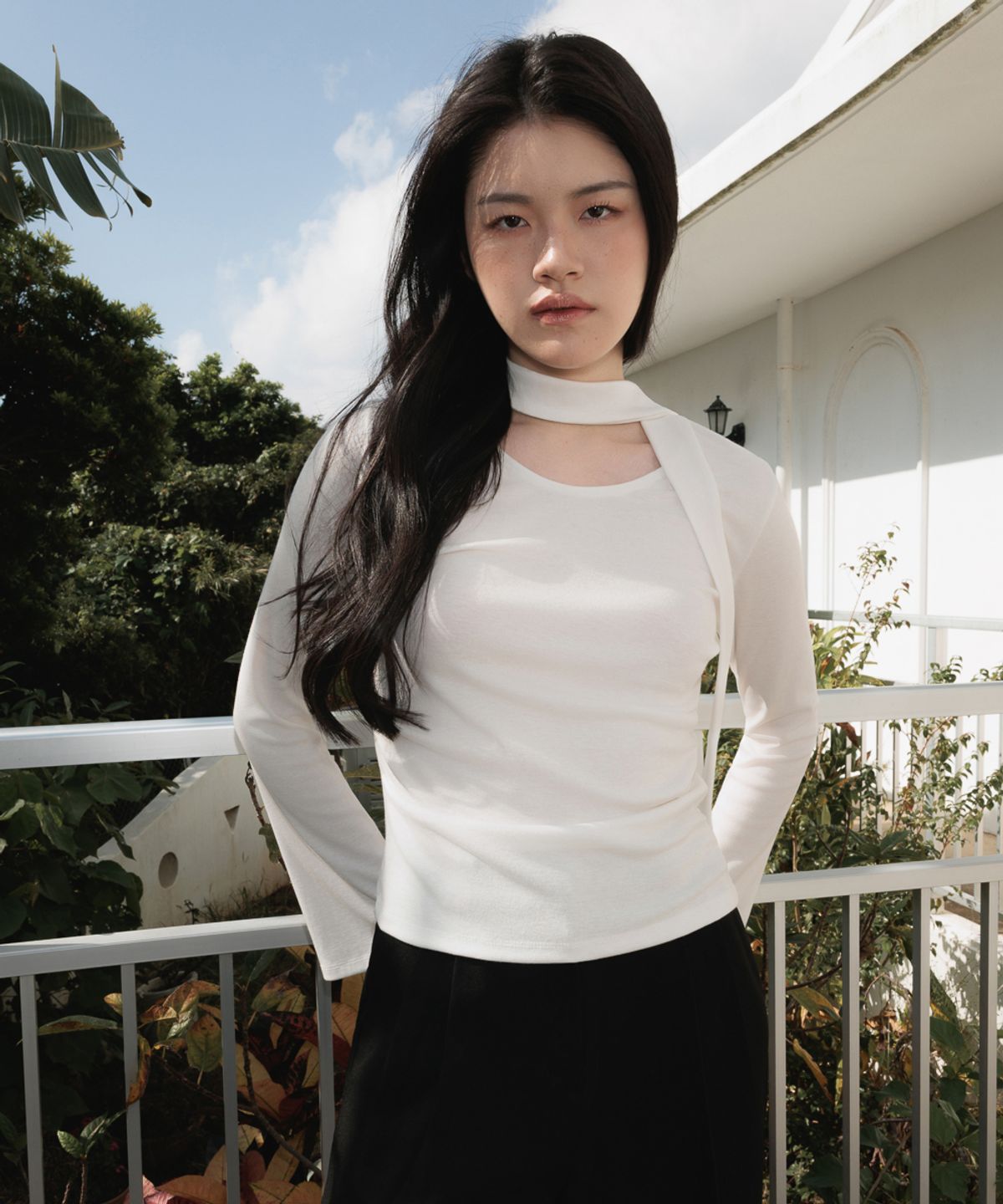 드헤베(DEHEVE) Tie Flare Long Sleeve [Ivory]
