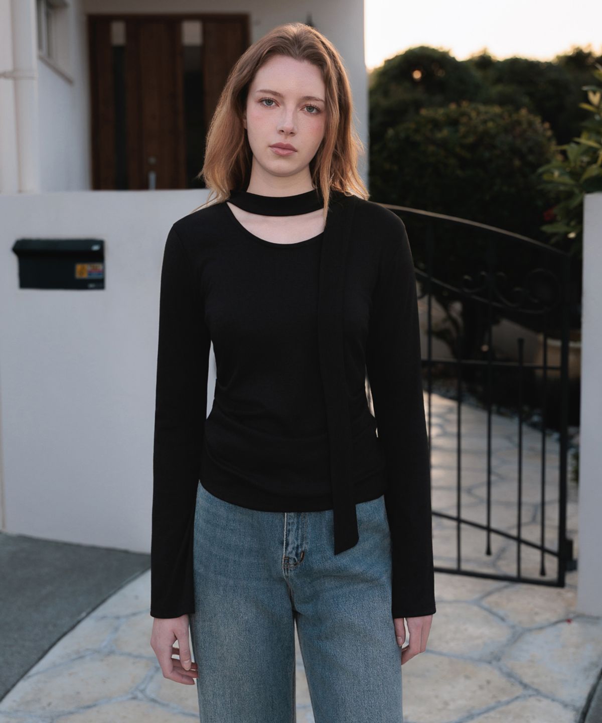 드헤베(DEHEVE) Tie Flare Long Sleeve [Black]