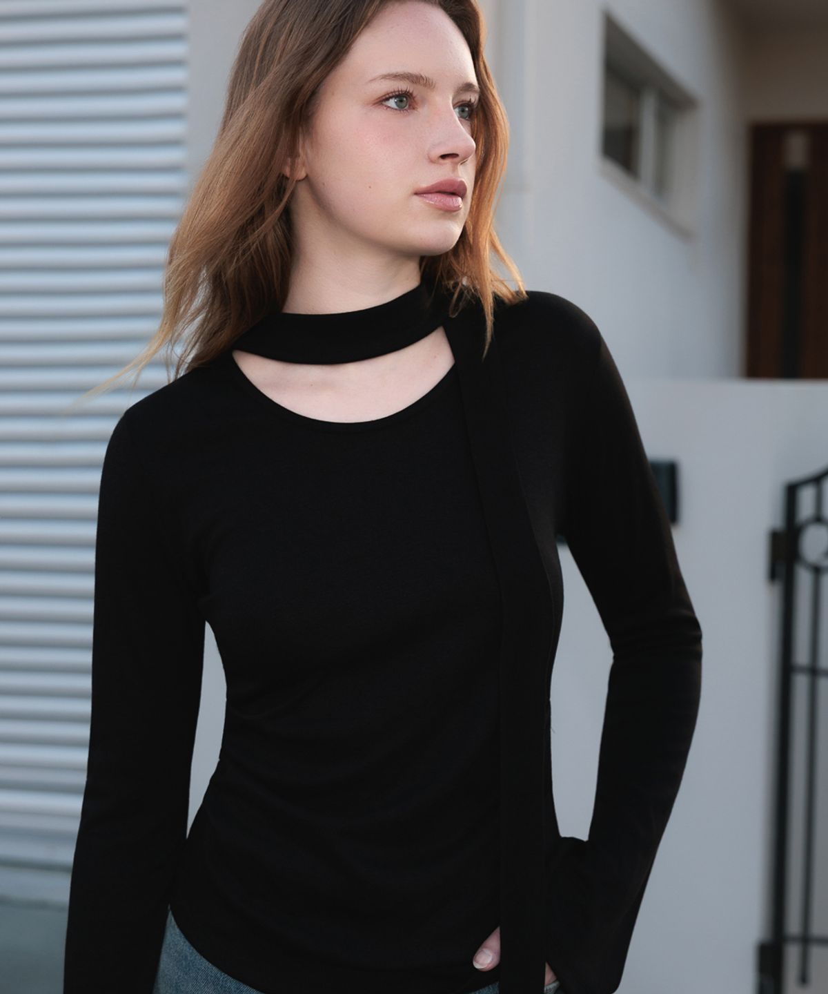 드헤베(DEHEVE) Tie Flare Long Sleeve [Black]