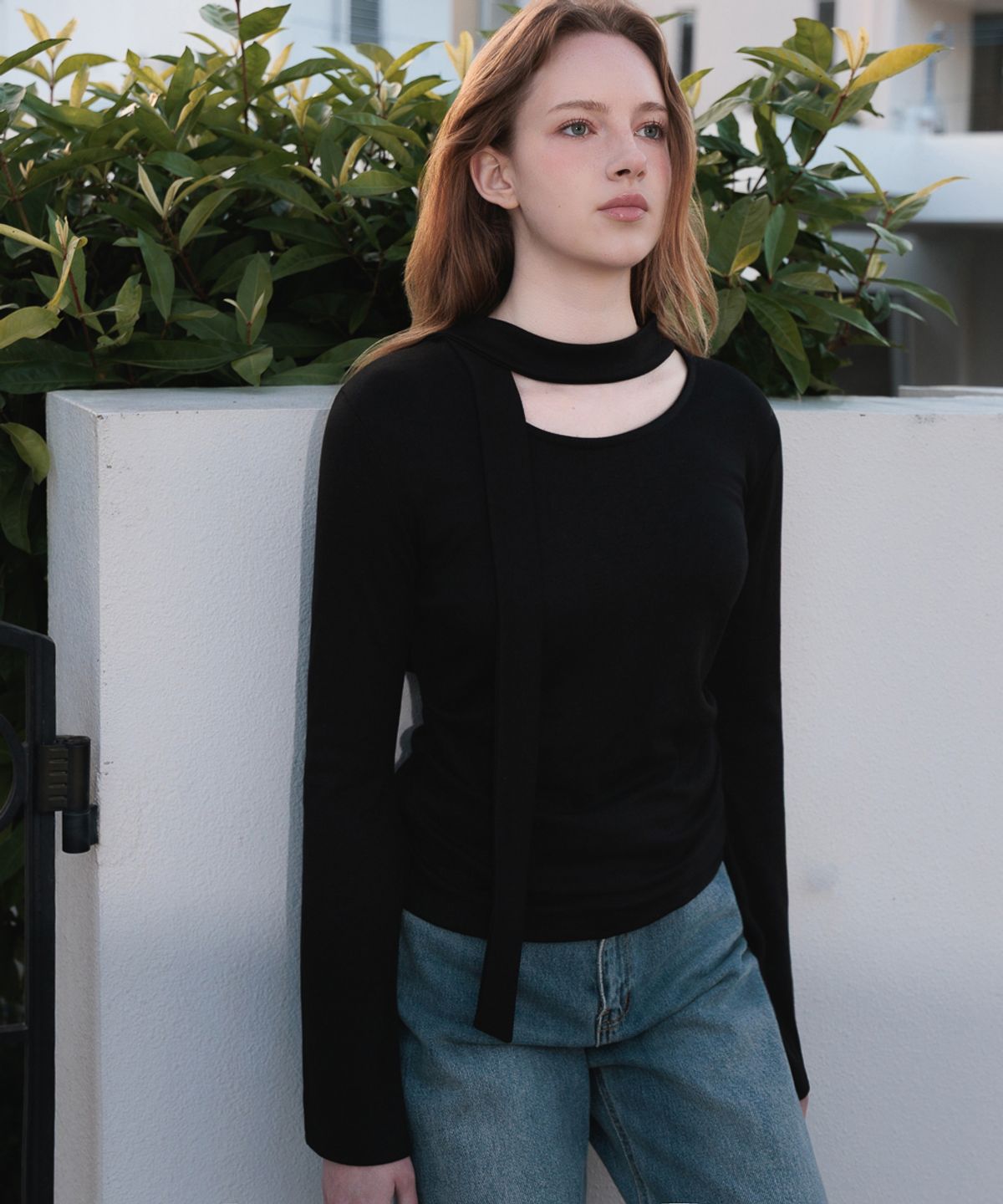 드헤베(DEHEVE) Tie Flare Long Sleeve [Black]