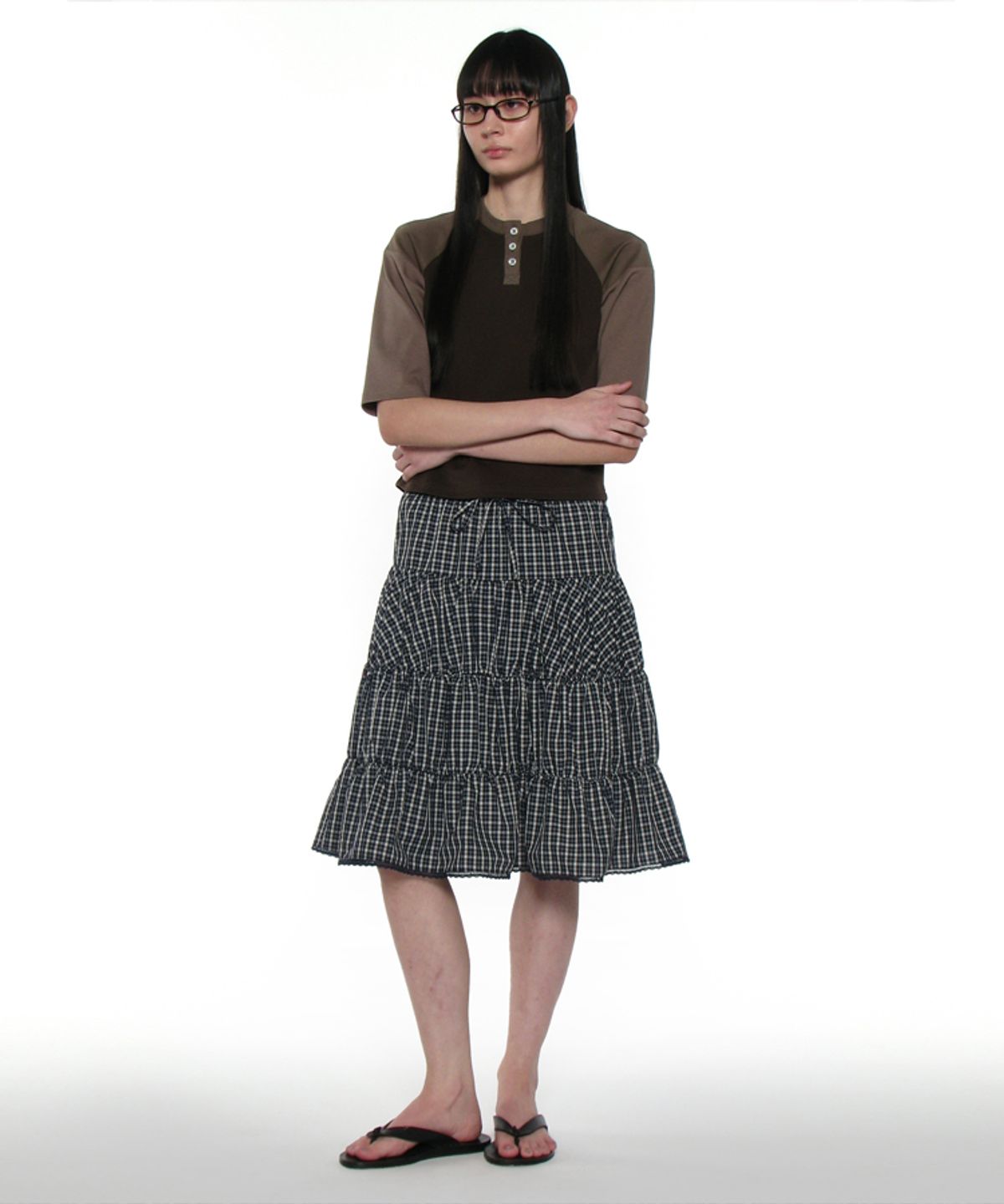 파르티멘토 우먼(PARTIMENTO WOMEN) PWC 레이스 트림 티어드 미디 스커트_네이비 체크