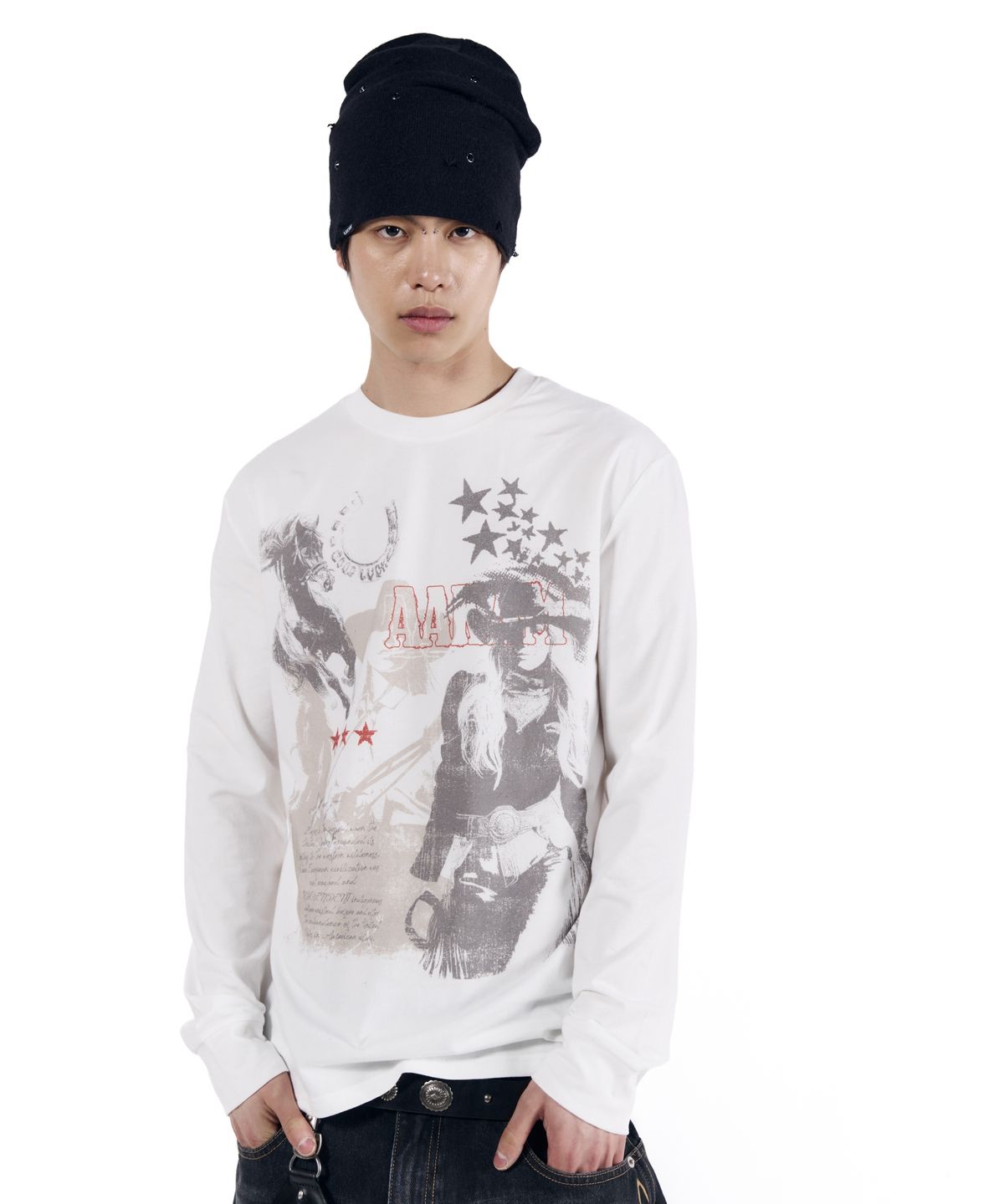 아캄(AAKAM) Rhinestone Damaged Long Beanie (Black)