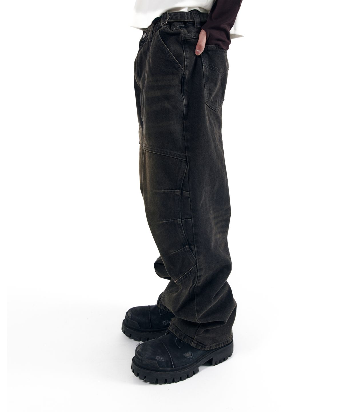 아캄(AAKAM) Knee Panel Biker Denim Pants (Black)
