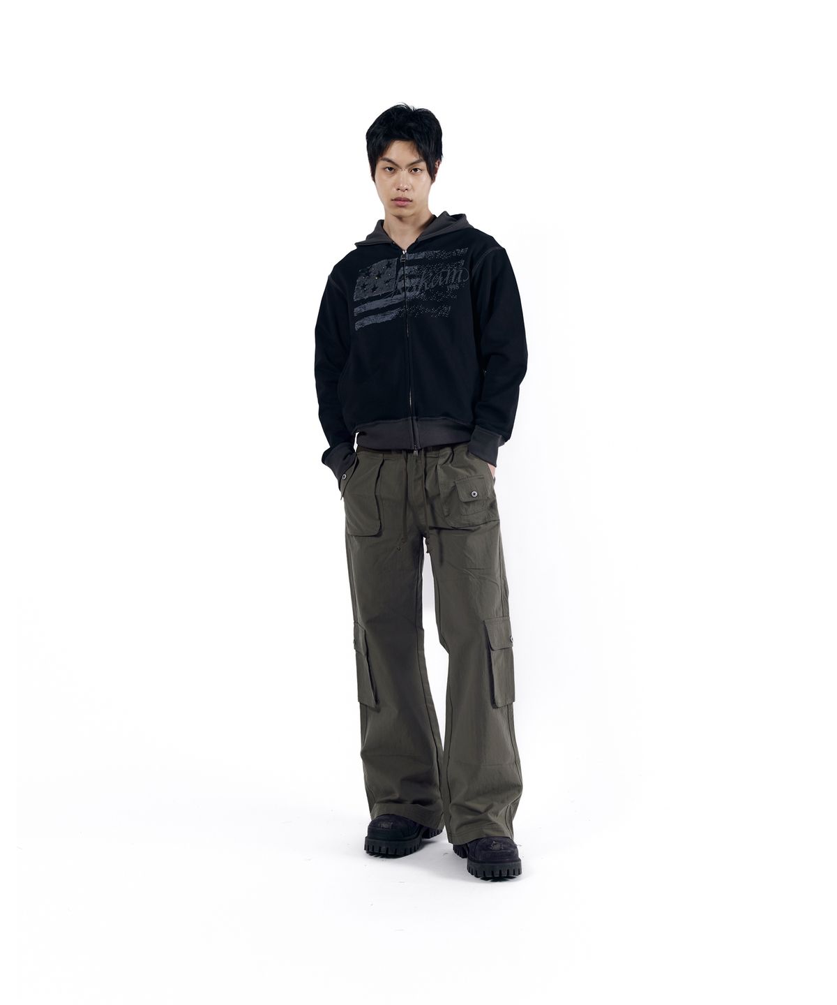 아캄(AAKAM) Flare Cargo Pocket Pants (Khaki)