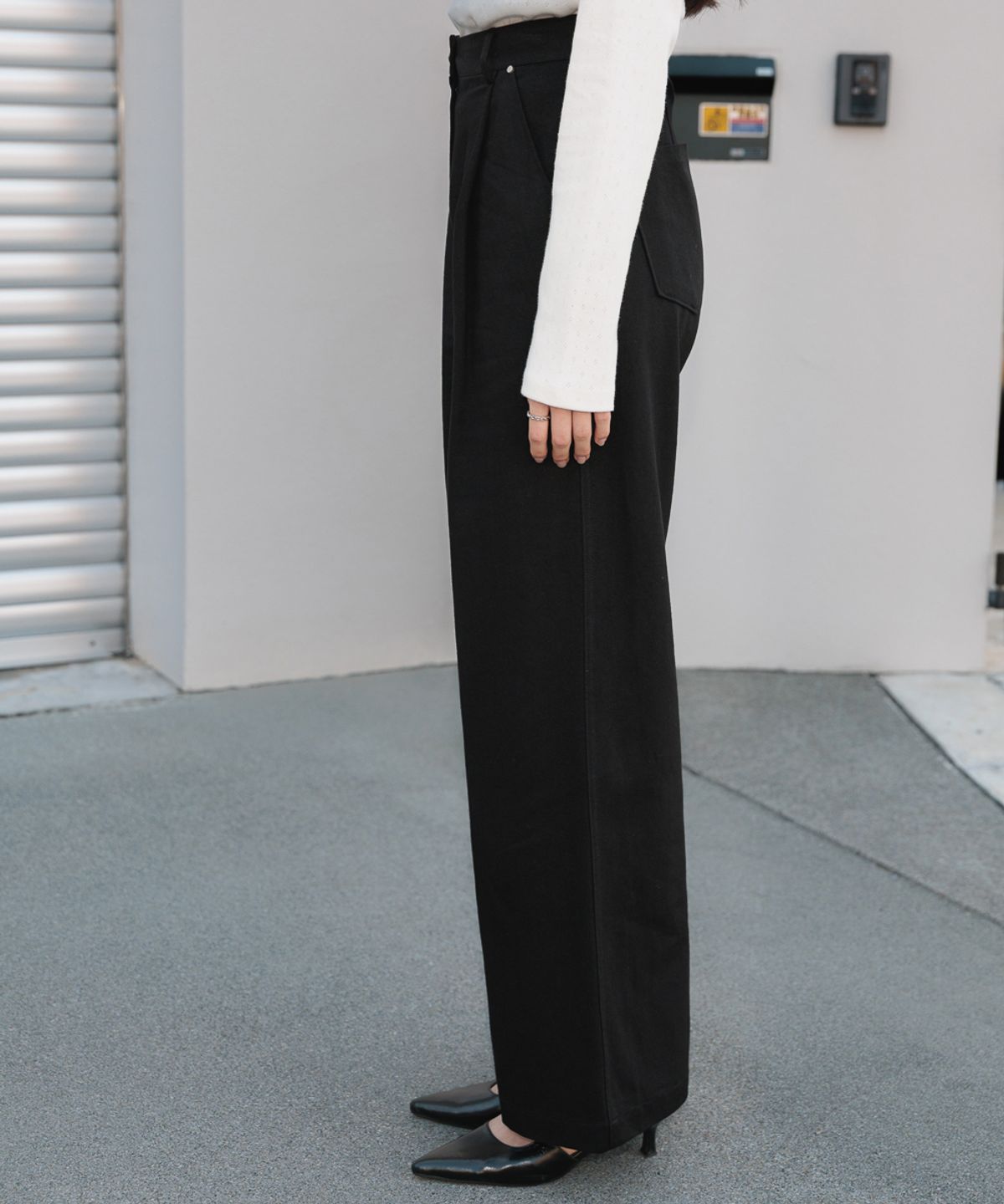 드헤베(DEHEVE) Cotton Pintuck Wide Pants [Black]