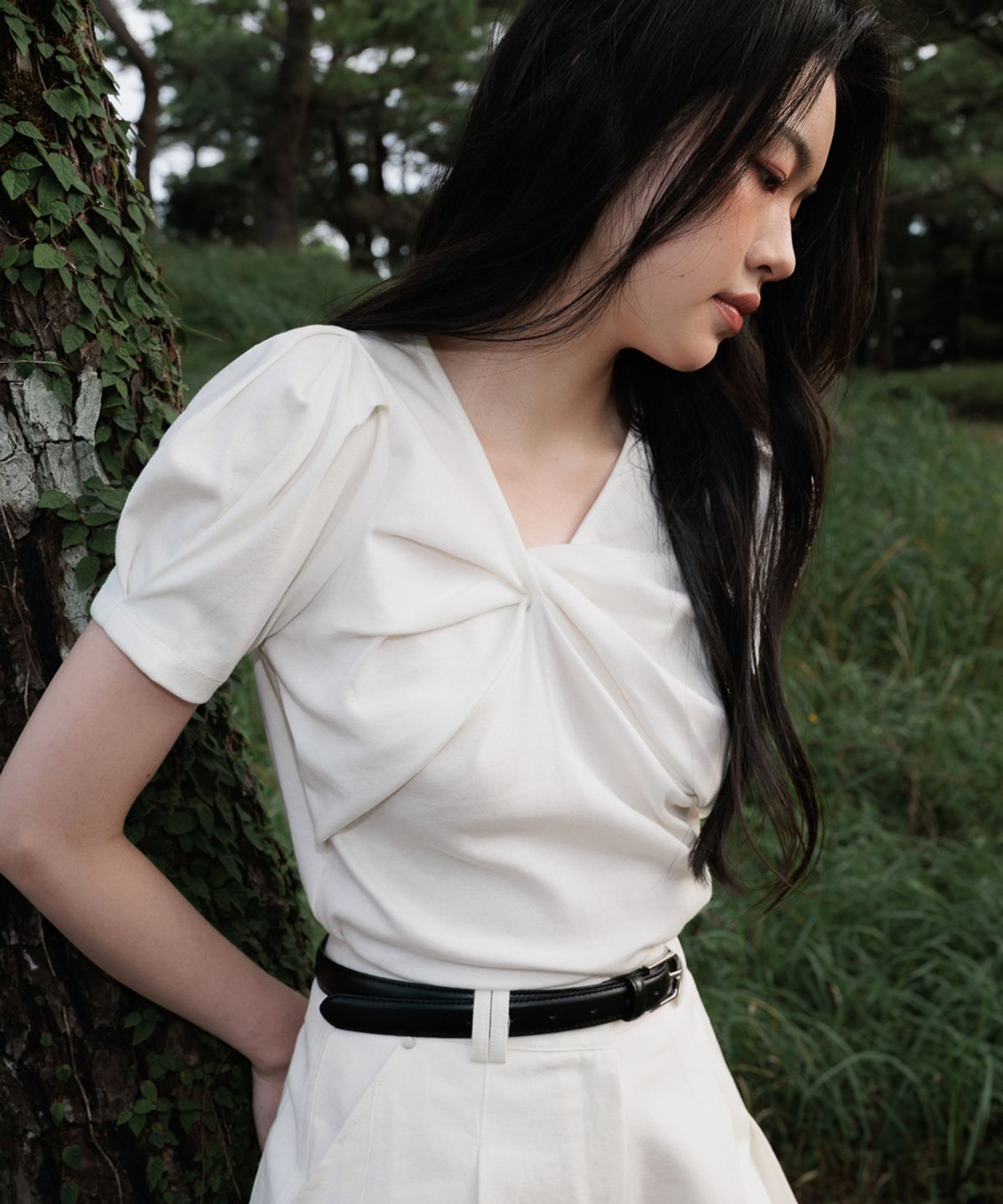 드헤베(DEHEVE) Double Pintuck Half Pants [White]