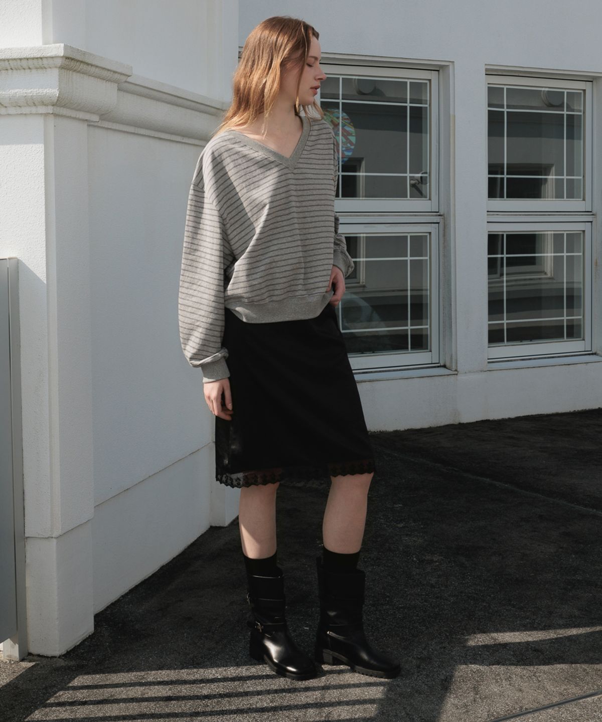 드헤베(DEHEVE) Glossy Lace Skirt [Black]