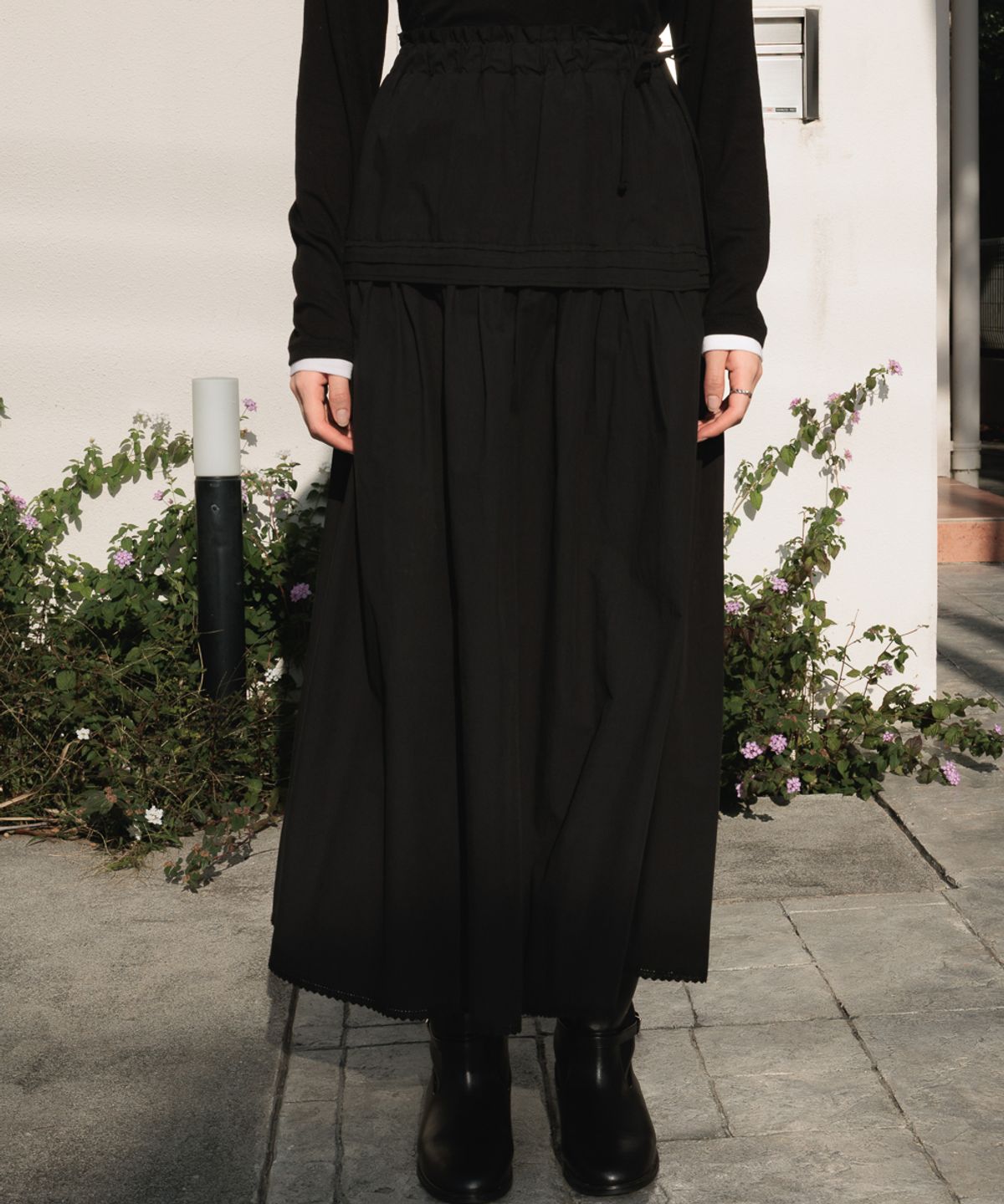 드헤베(DEHEVE) Ruffle Long Skirt [Black]