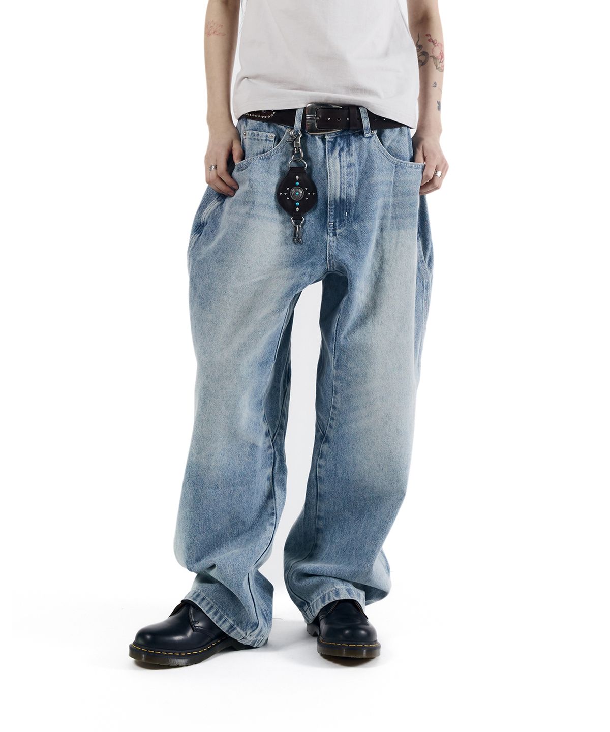 아캄(AAKAM) Stitched Baggy Denim Pants (Blue)
