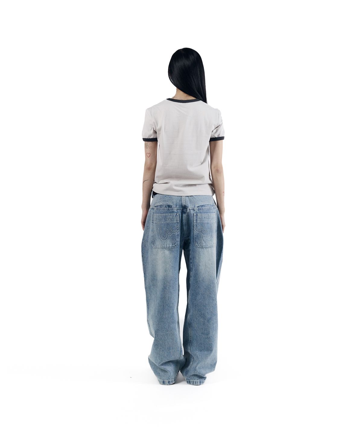 아캄(AAKAM) Stitched Baggy Denim Pants (Blue)