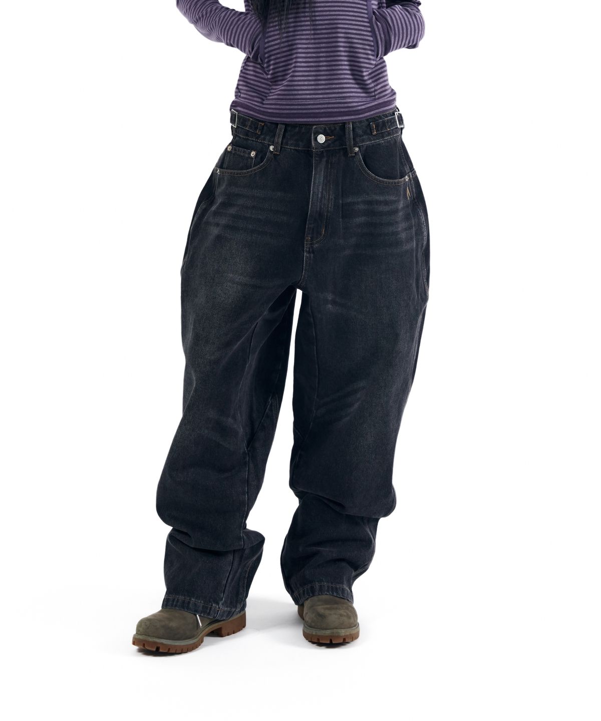 아캄(AAKAM) Stitched Baggy Denim Pants (Black)