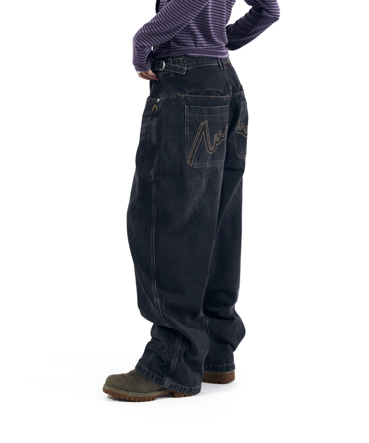 아캄(AAKAM) Stitched Baggy Denim Pants (Black)
