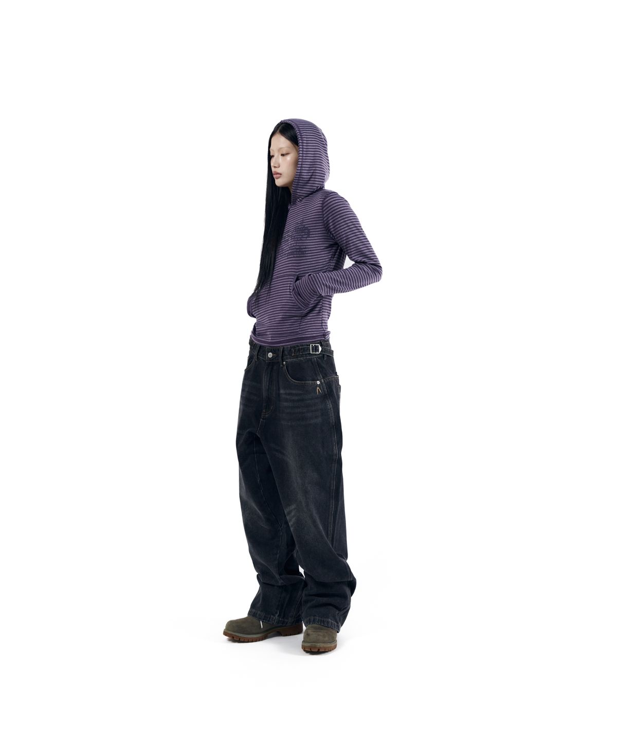 아캄(AAKAM) Stitched Baggy Denim Pants (Black)