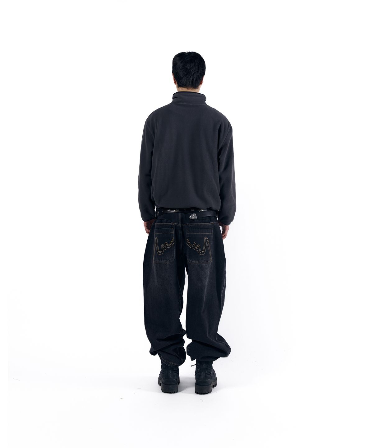 아캄(AAKAM) Stitched Baggy Denim Pants (Black)
