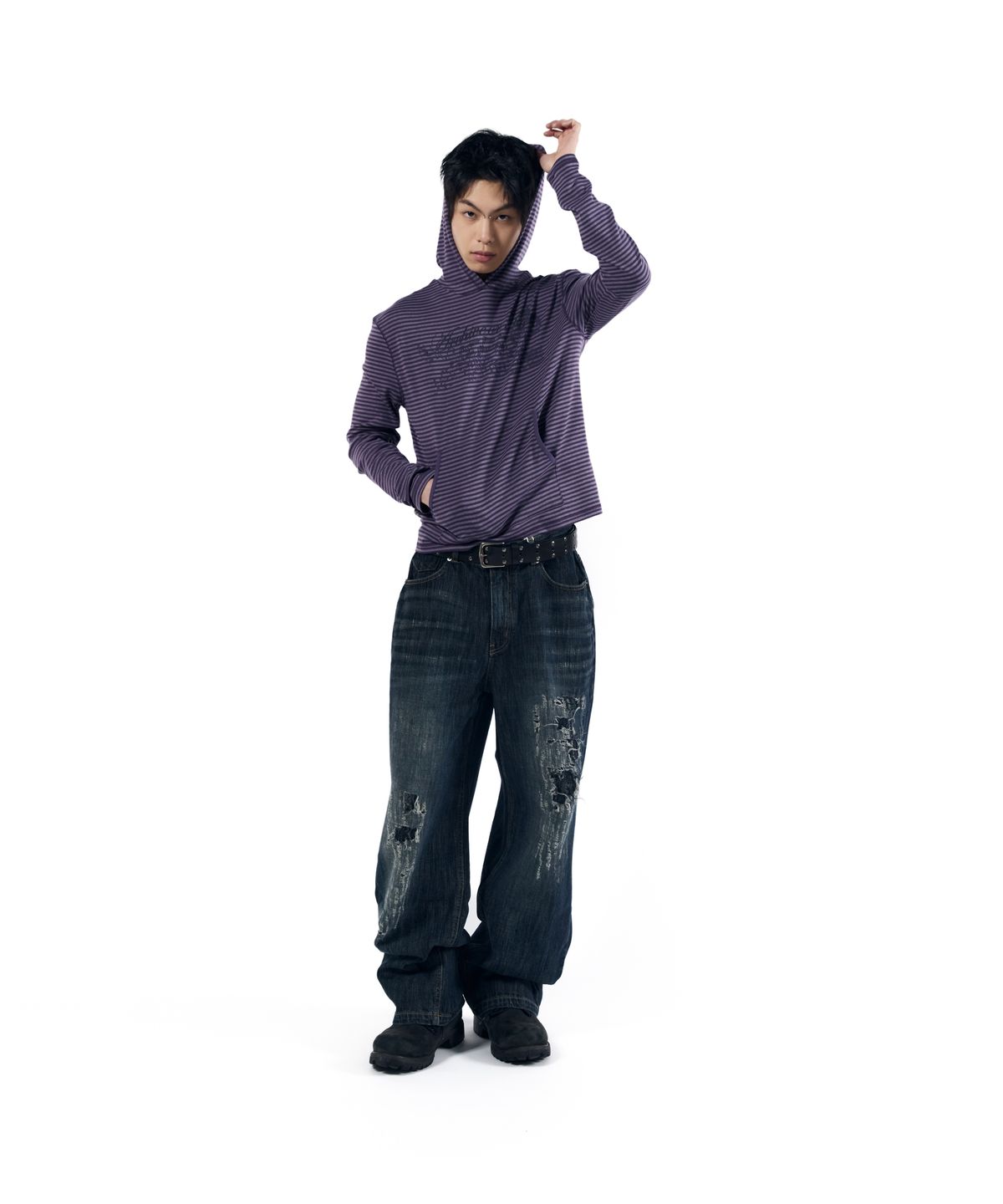 아캄(AAKAM) Linear Pattern Hooded Long Sleeve (Purple)