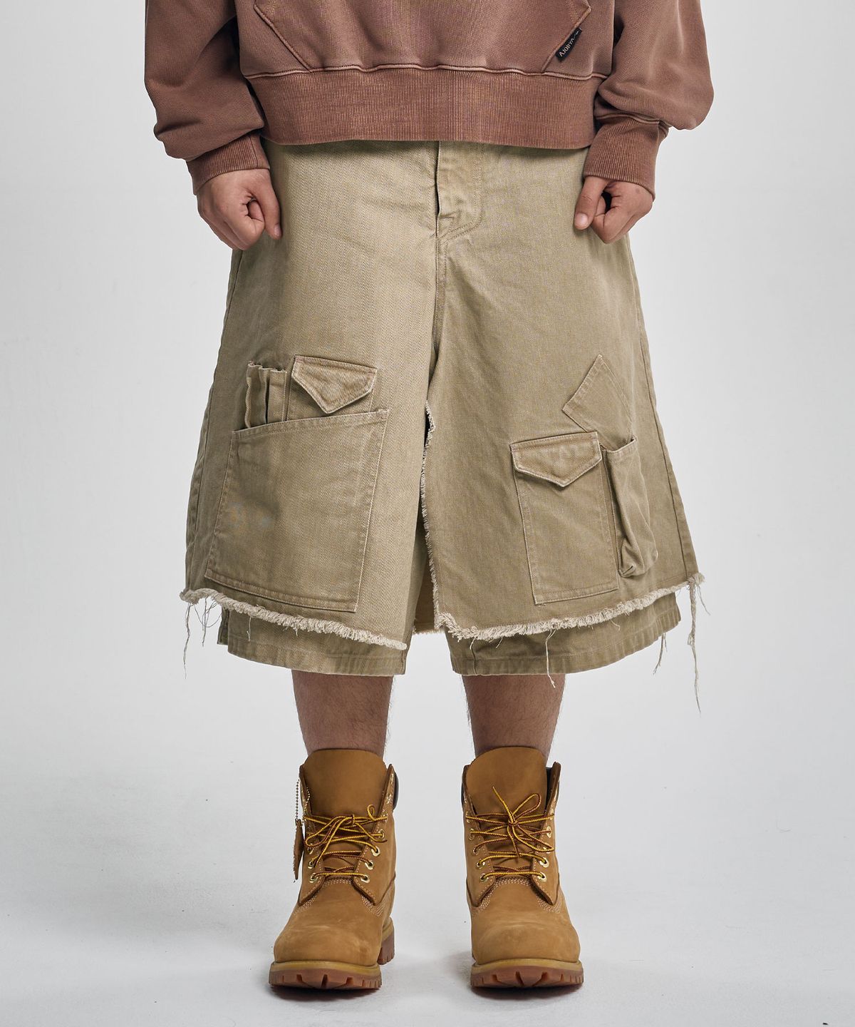 아조바이아조(AJOBYAJO) Washed Layered Cargo Skirt Shorts [BEIGE]