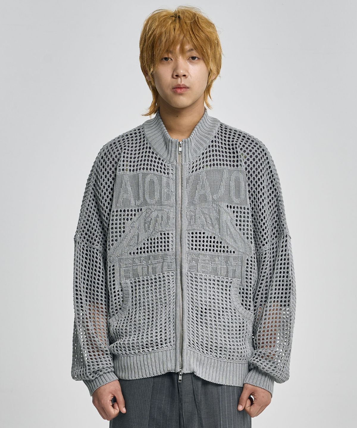 아조바이아조(AJOBYAJO) Total Logo Drop Needle Zip-Up [LIGHT GREY]